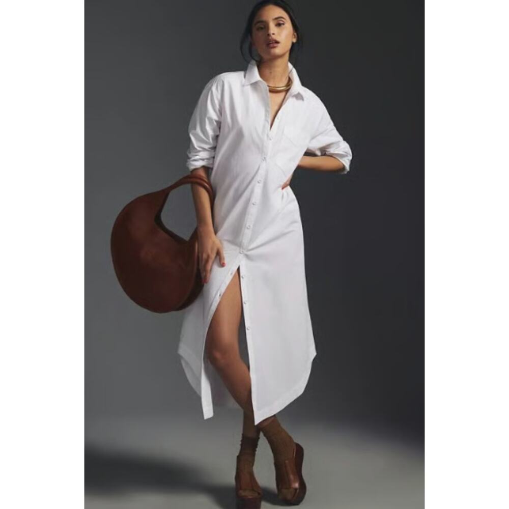 Maeve White Button-Front Midi Shirt Dress